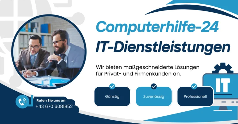 Werbebanner mit moderner Technik, IT-Service und Computerhilfe 24 Logo